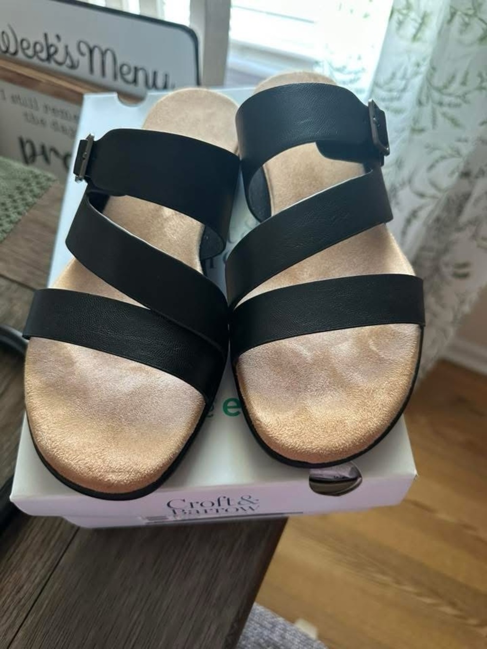 croft & barrow Black Leather Triple-Strap Slide Sandals